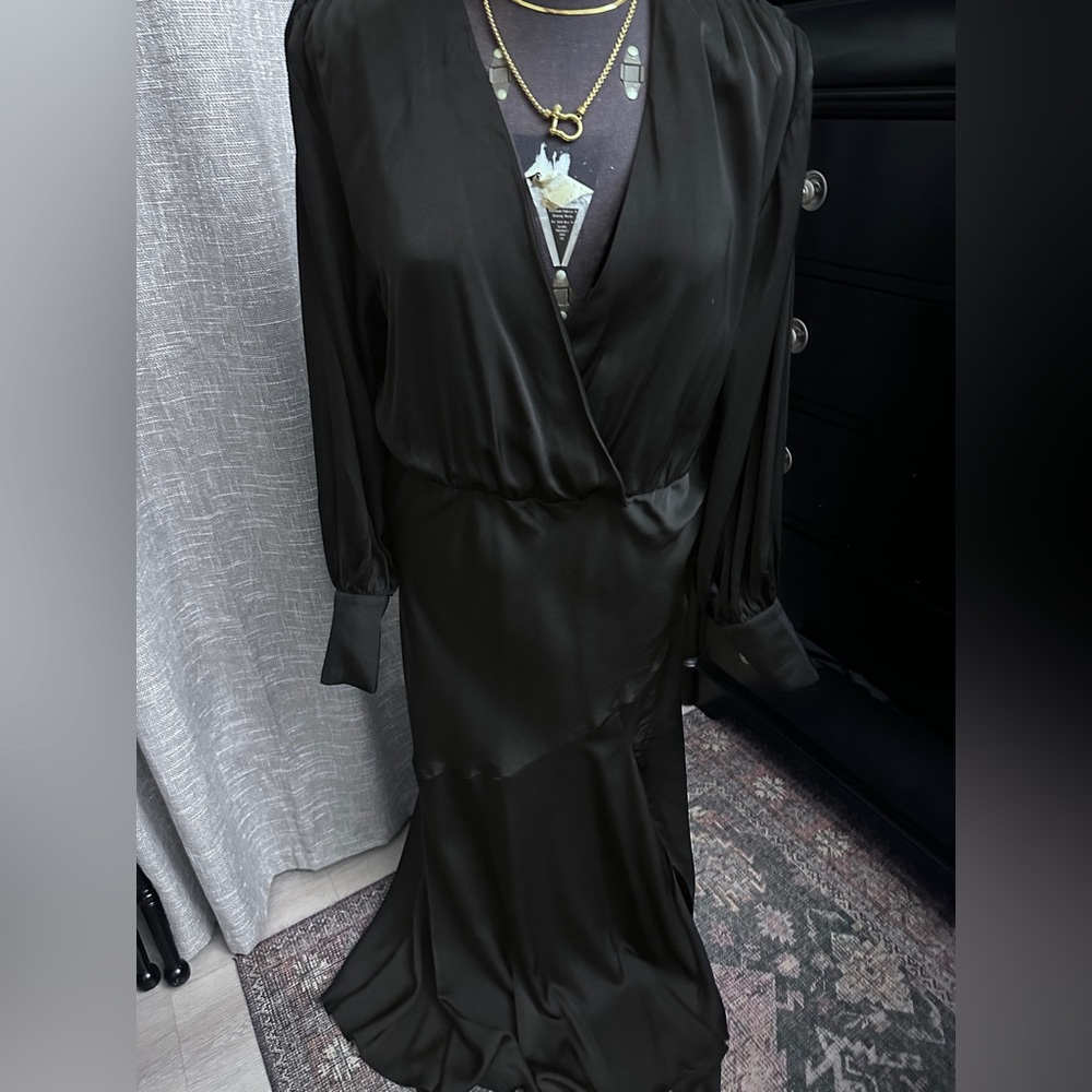 Black satin long sleeve dress with slit